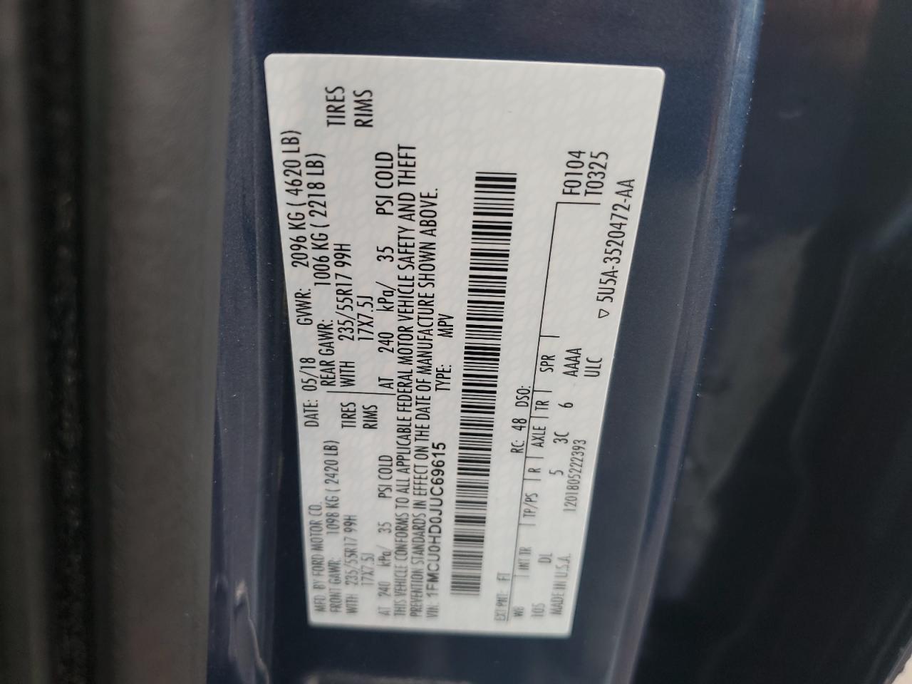 2018 Ford Escape Sel VIN: 1FMCU0HD0JUC69615 Lot: 62897075