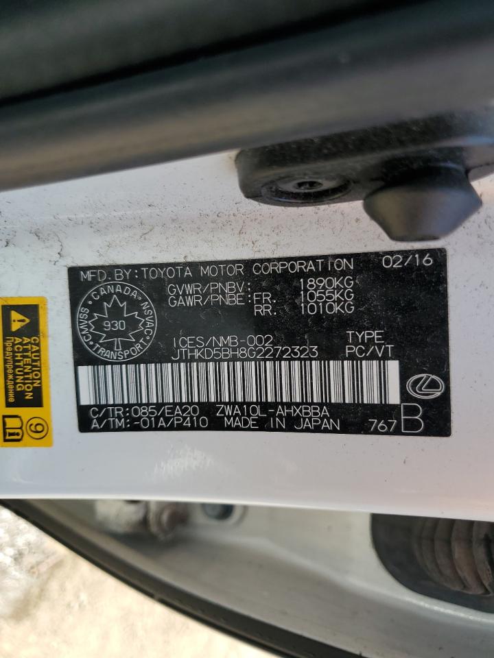2016 Lexus Ct 200 VIN: JTHKD5BH8G2272323 Lot: 60712765