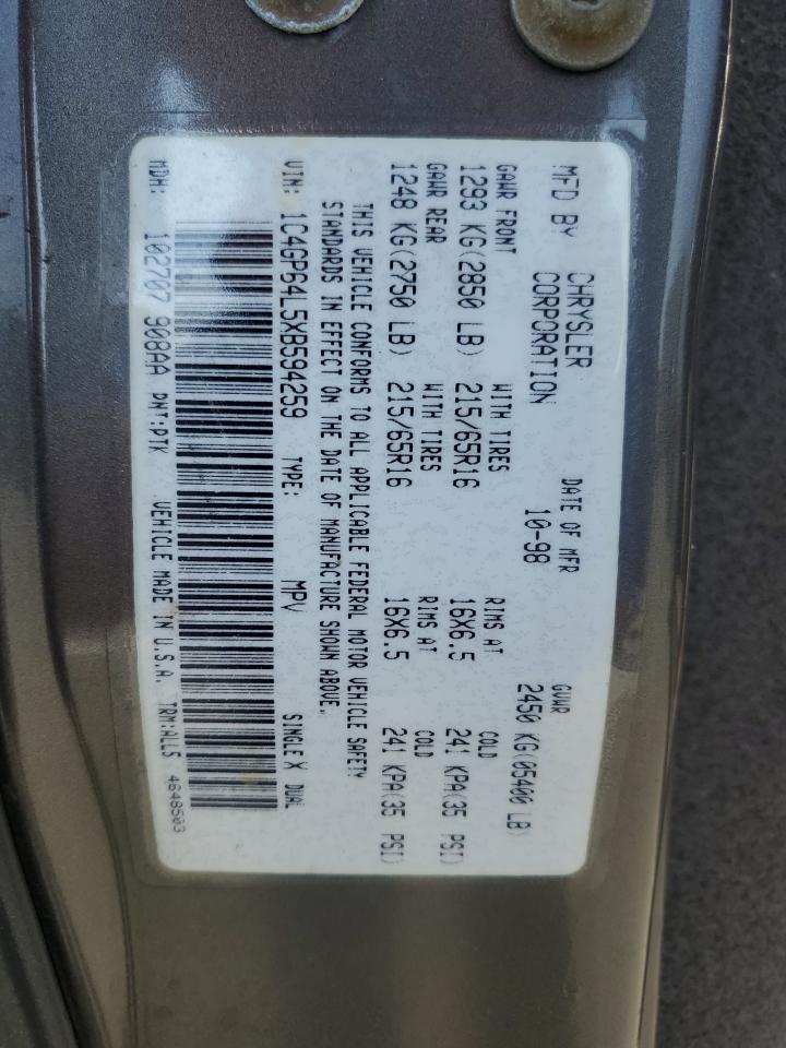 1999 Chrysler Town & Country Limited VIN: 1C4GP64L5XB594259 Lot: 61962315