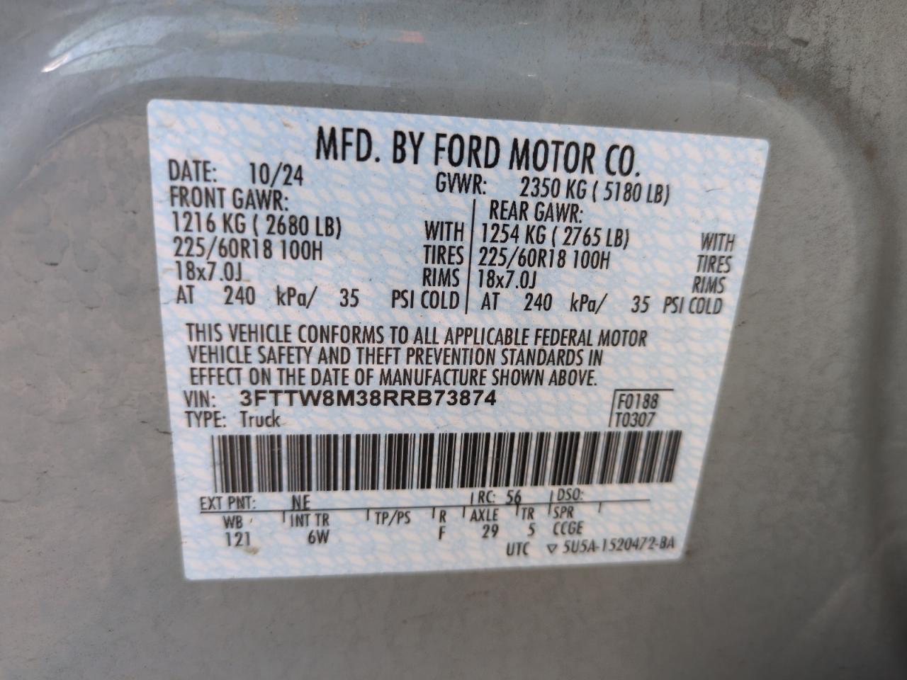 2024 Ford Maverick Lariat VIN: 3FTTW8M38RRB73874 Lot: 62147375