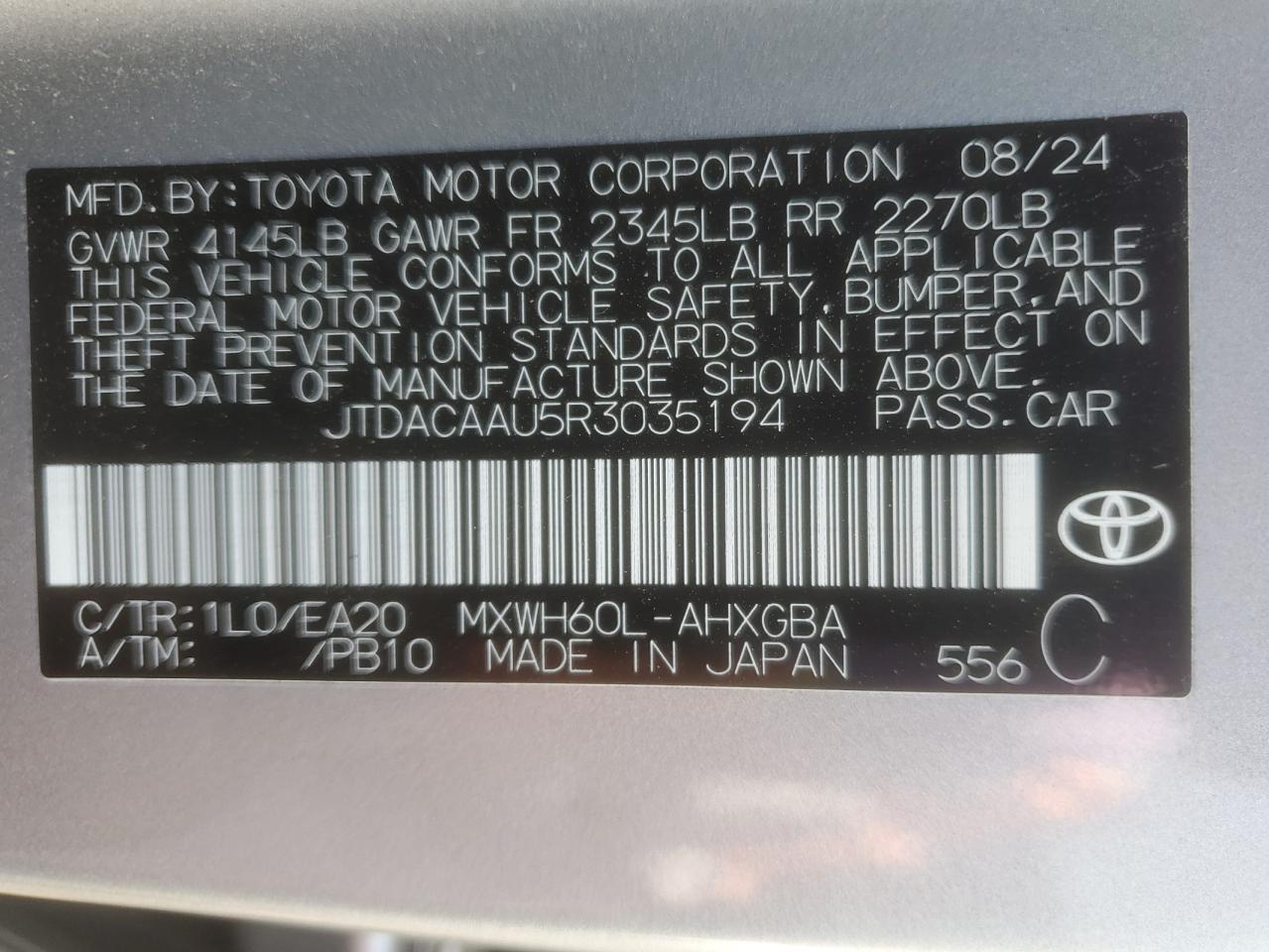 2024 Toyota Prius Le VIN: JTDACAAU5R3035194 Lot: 62870245