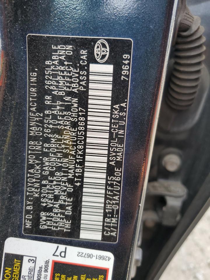 2012 Toyota Camry Base VIN: 4T1BF1FK8CU586817 Lot: 62134985
