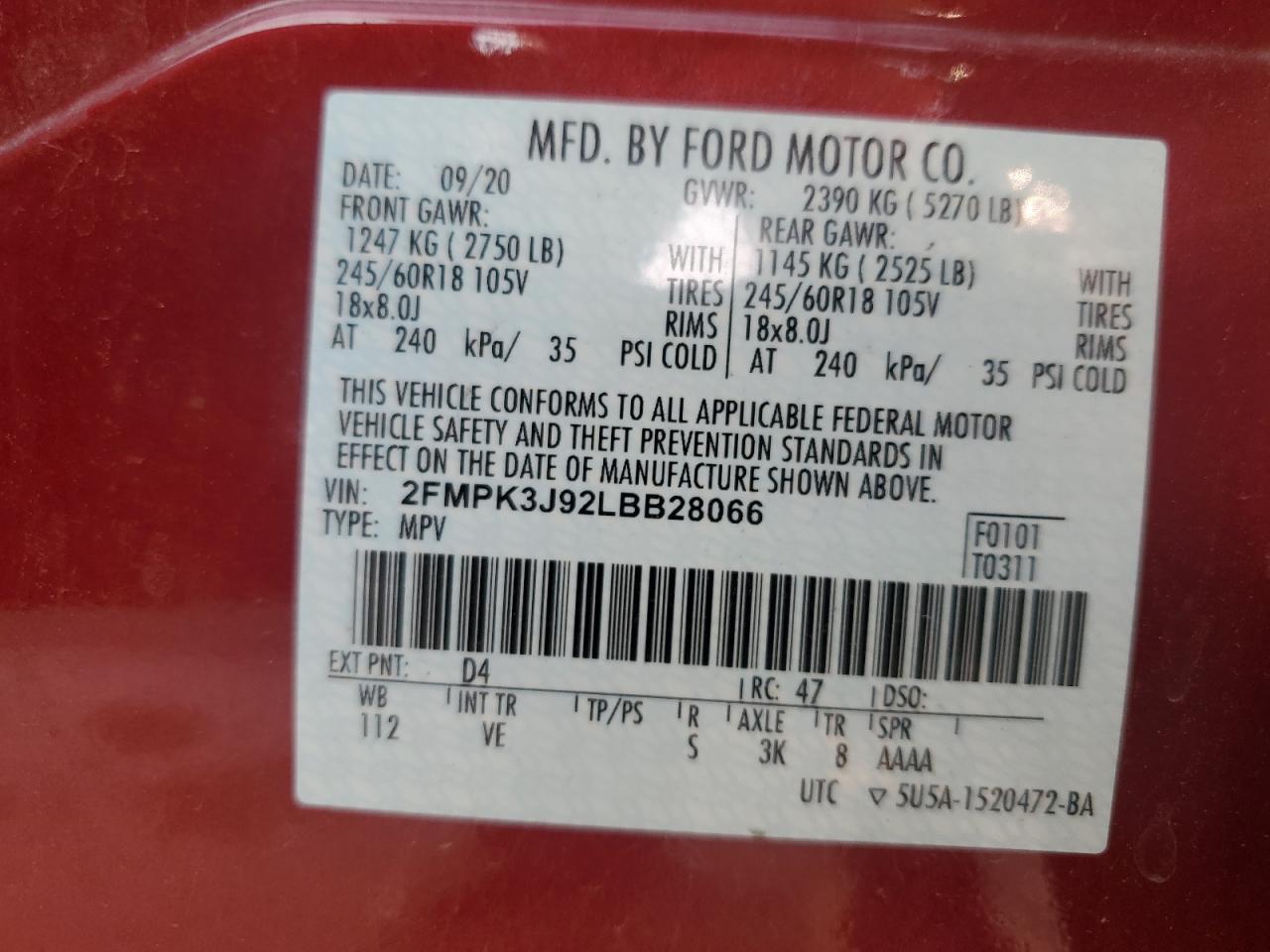 2020 Ford Edge Sel VIN: 2FMPK3J92LBB28066 Lot: 60505105