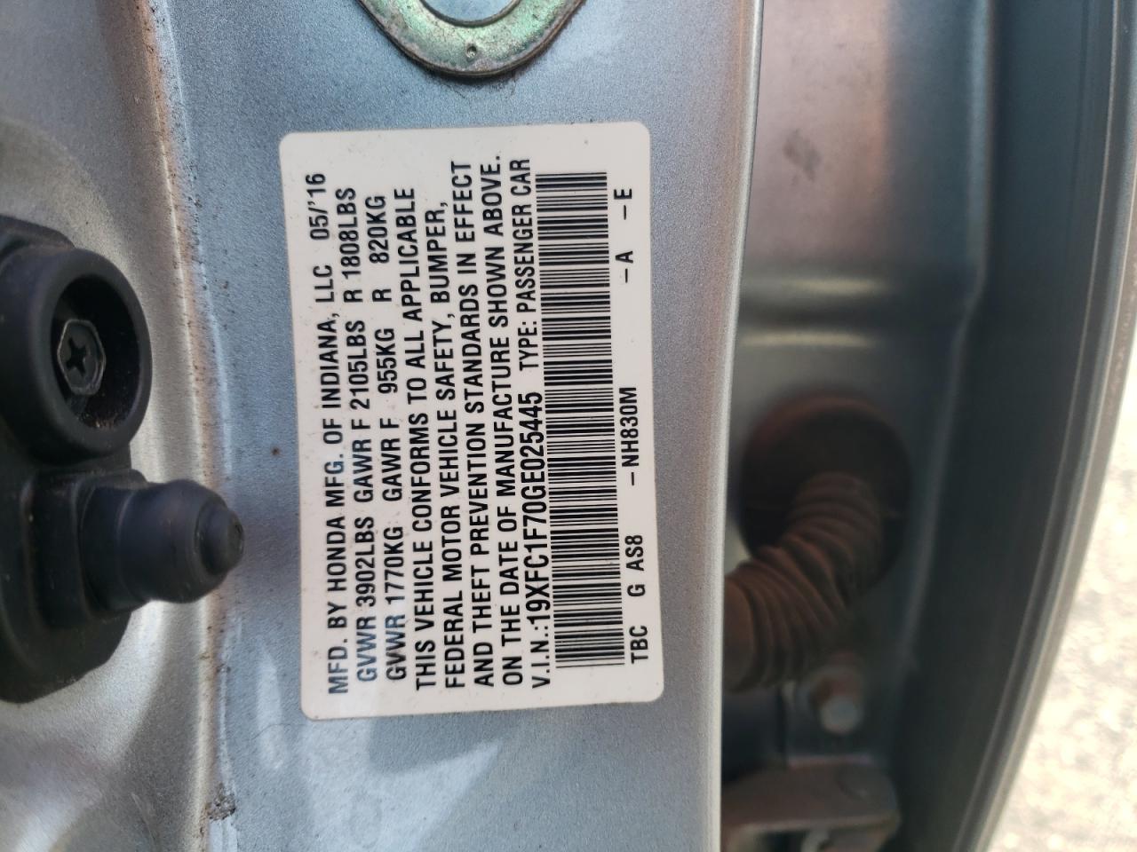 2016 Honda Civic Exl VIN: 19XFC1F70GE025445 Lot: 62465825