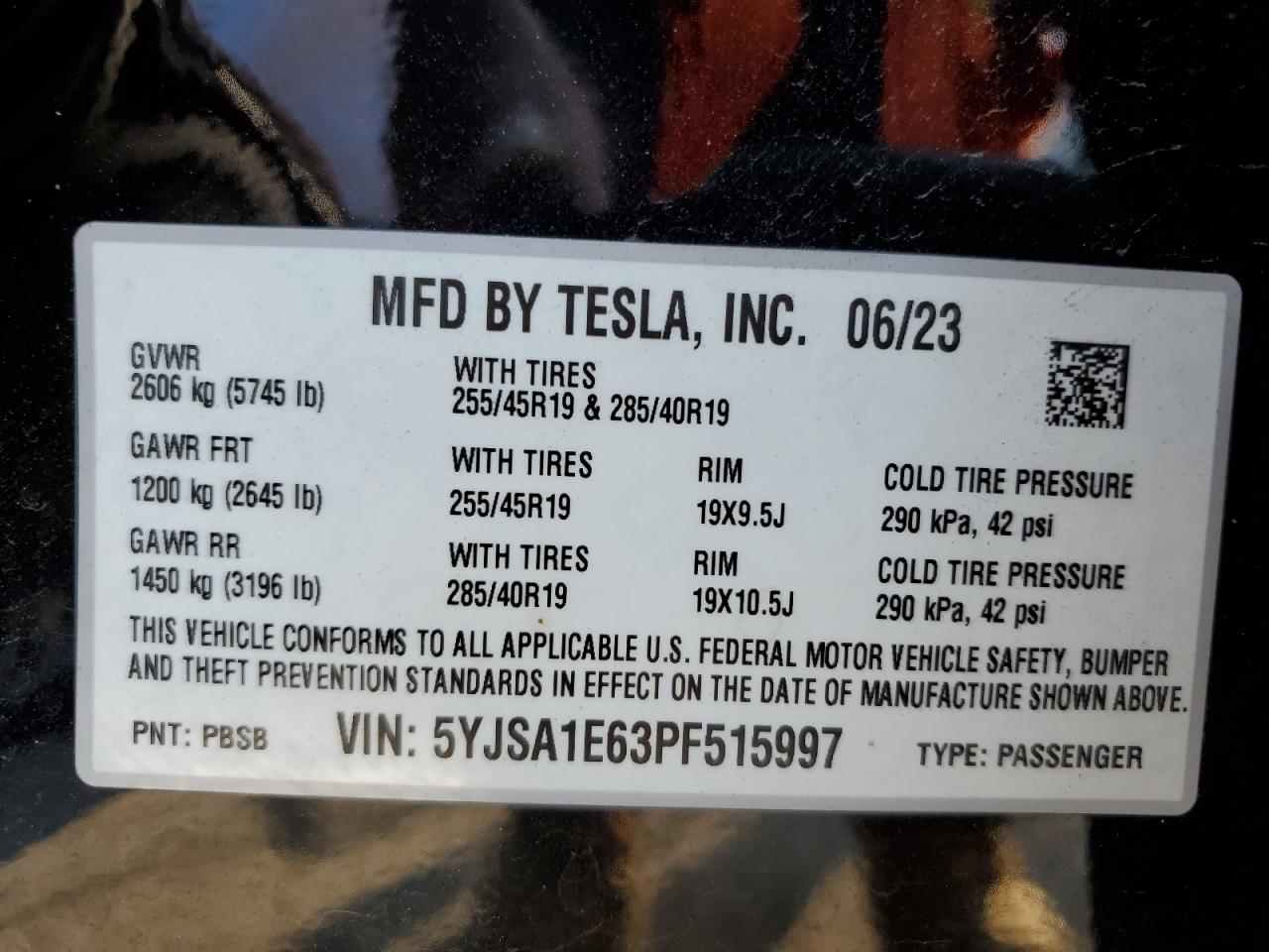 2023 Tesla Model S VIN: 5YJSA1E63PF515997 Lot: 62582935