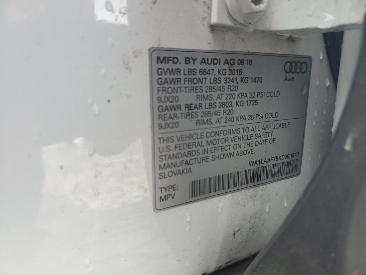2019 Audi Q7 Premium Plus VIN: WA1LAAF75KD001672 Lot: 60905105