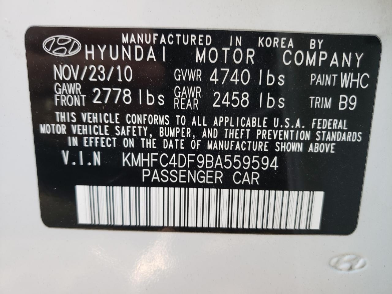 2011 Hyundai Azera Gls VIN: KMHFC4DF9BA559594 Lot: 63214485