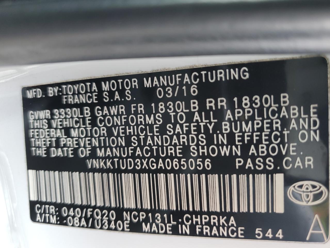 TOYOTA YARIS 2016 VIN VNKKTUD3XGA065056 photo 12