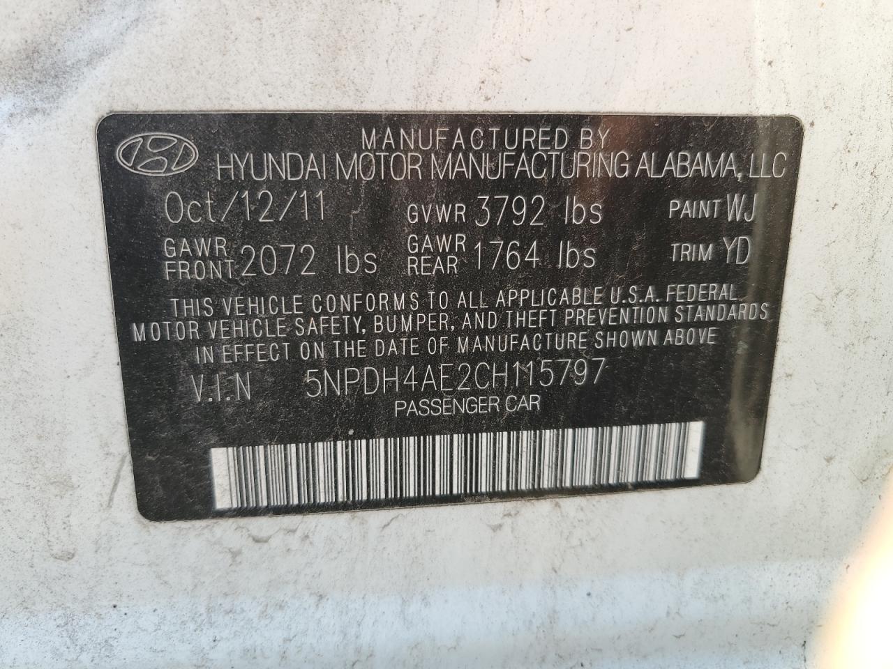 2012 Hyundai Elantra Gls VIN: 5NPDH4AE2CH11579 Lot: 61273495