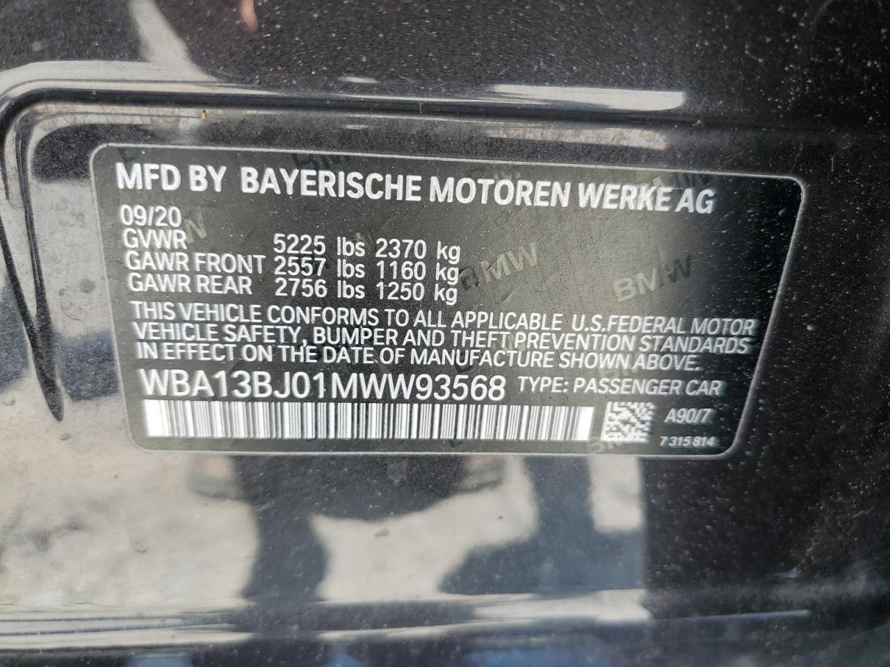 2021 BMW 530 Xi VIN: WBA13BJ01MWW93568 Lot: 61368935