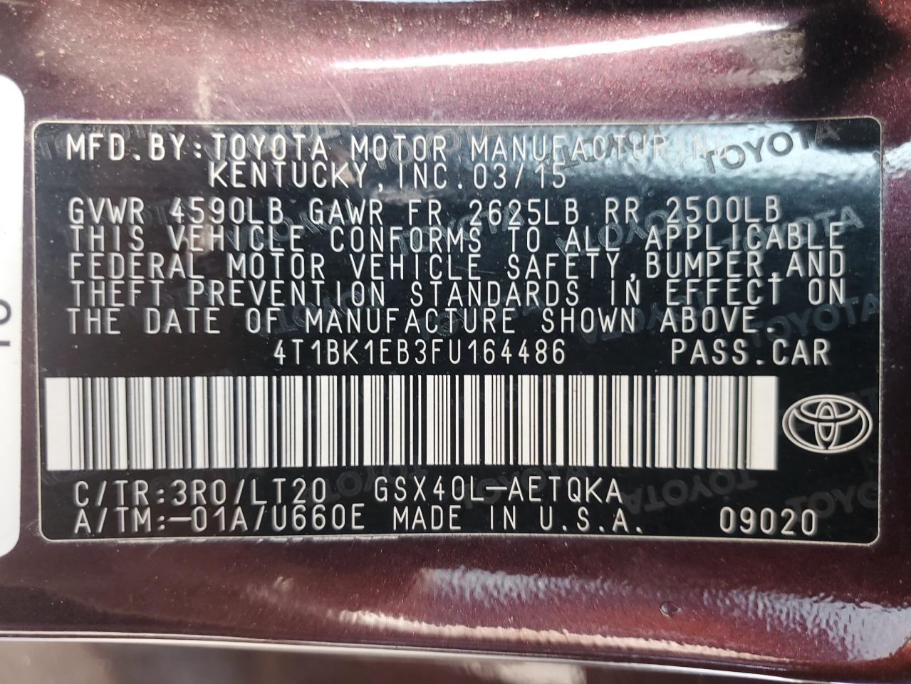 2015 Toyota Avalon Xle VIN: 4T1BK1EB3FU164486 Lot: 62674715