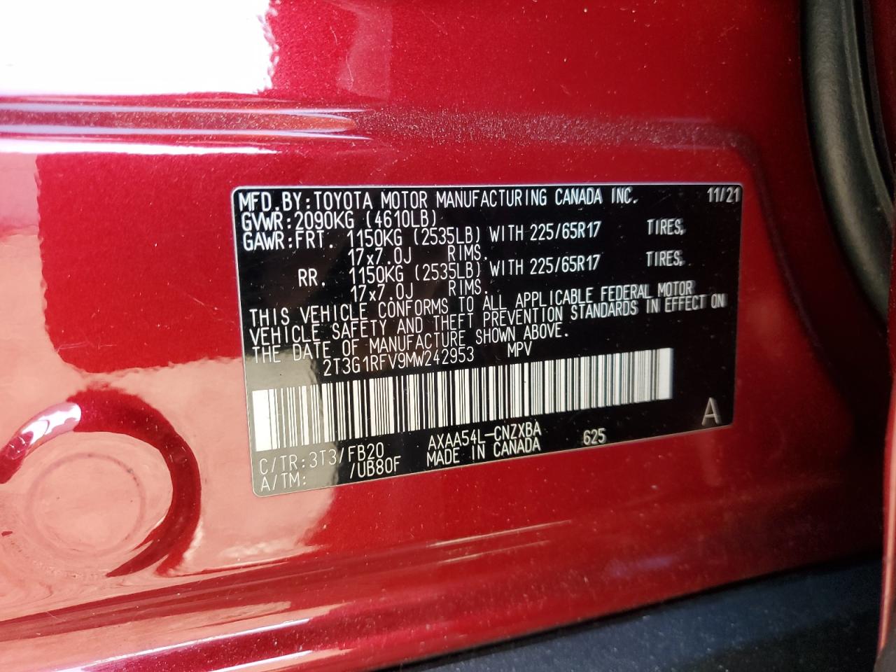 2021 Toyota Rav4 Le VIN: 2T3G1RFV9MW242953 Lot: 62368085