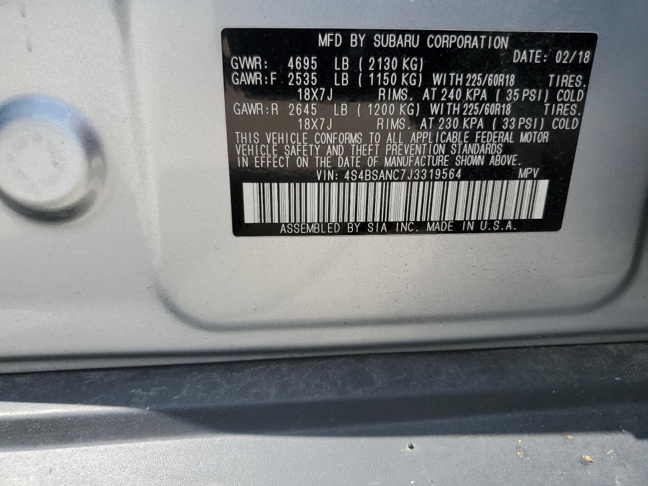2018 Subaru Outback 2.5I Limited VIN: 4S4BSANC7J3319564 Lot: 61580485