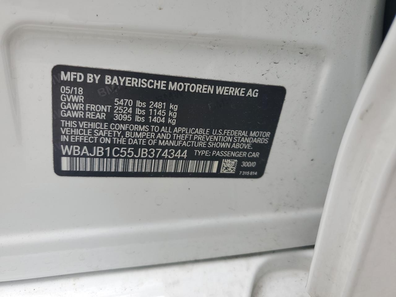 2018 BMW 530Xe VIN: WBAJB1C55JB374344 Lot: 59900875