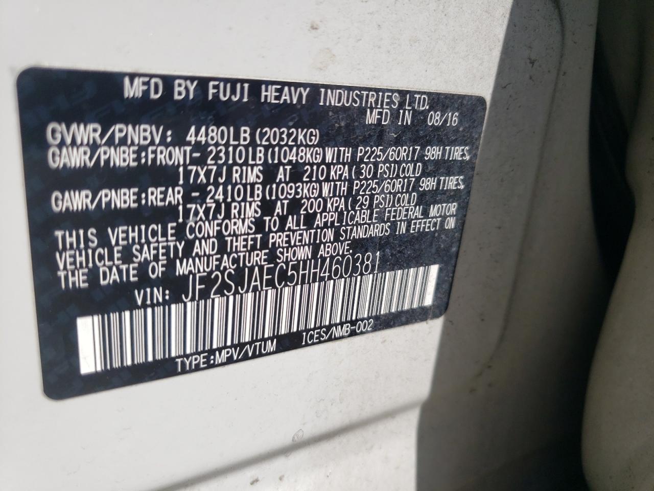 2017 Subaru Forester 2.5I Premium VIN: JF2SJAEC5HH460381 Lot: 61654045
