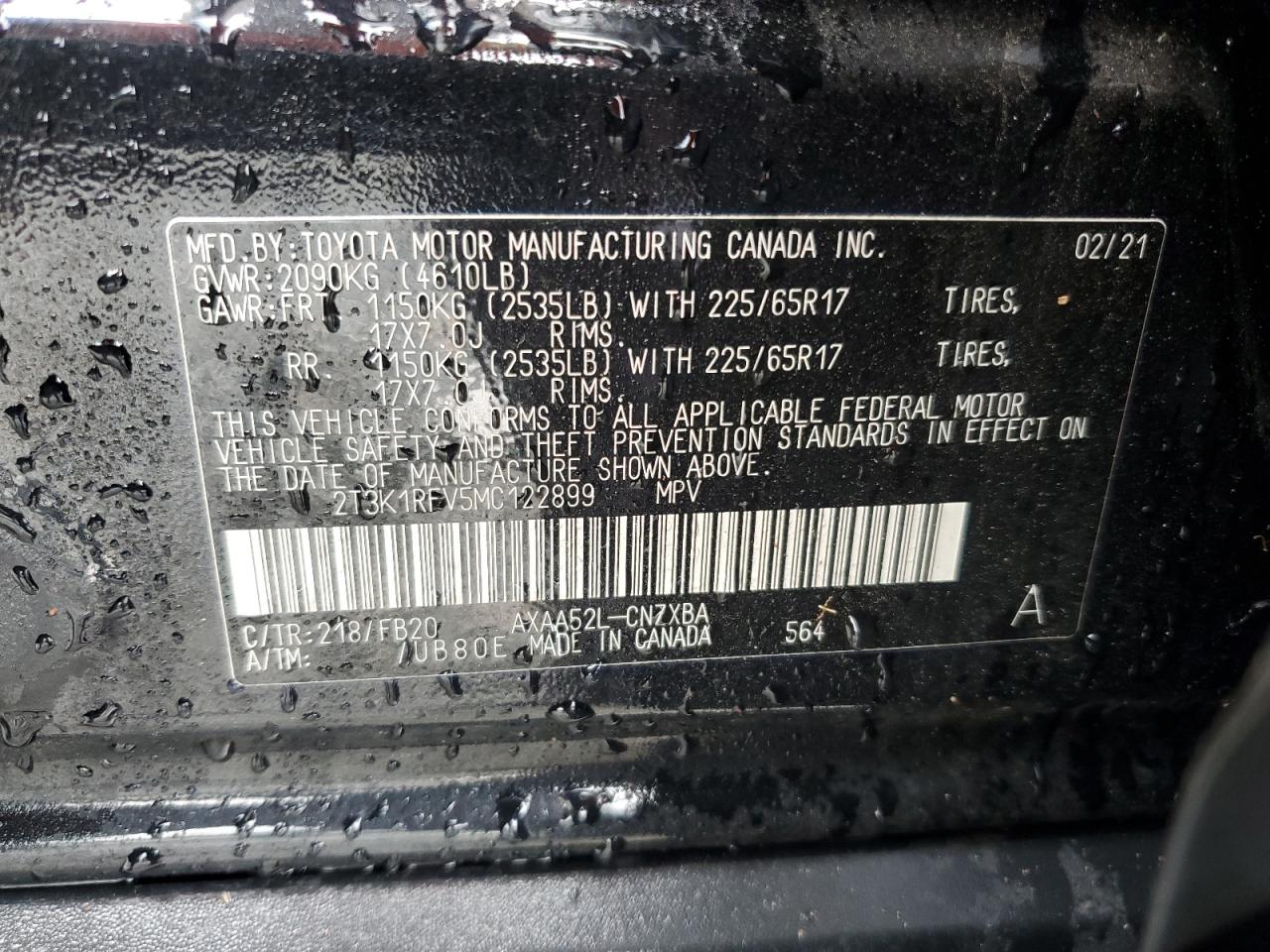 2021 Toyota Rav4 Le VIN: 2T3K1RFV5MC122899 Lot: 59600345