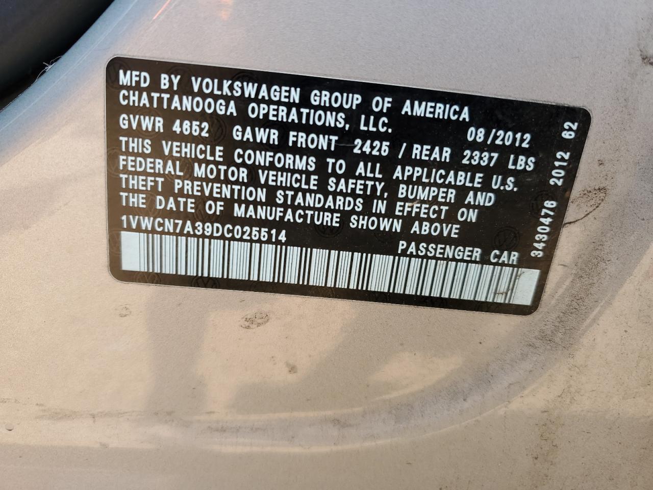 2013 Volkswagen Passat Sel VIN: 1VWCN7A39DC025514 Lot: 62966565
