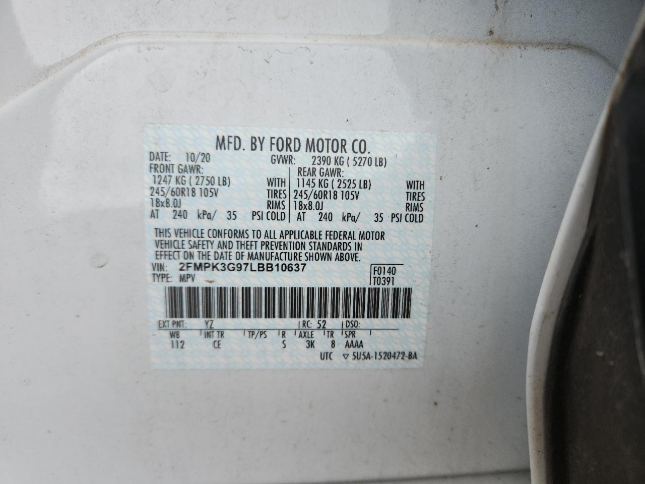 2020 Ford Edge Se VIN: 2FMPK3G97LBB10637 Lot: 61176015