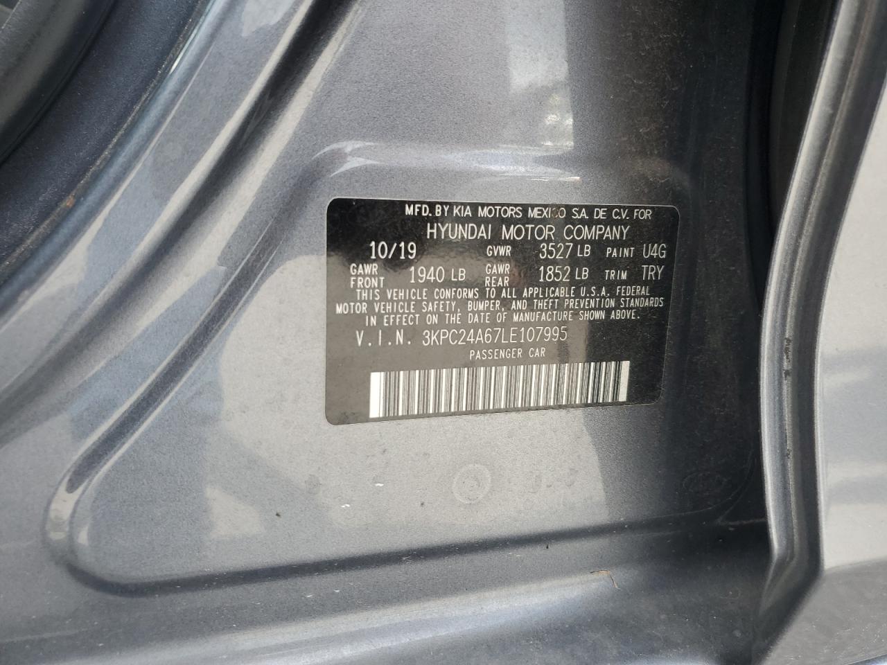 2020 Hyundai Accent Se VIN: 3KPC24A67LE107995 Lot: 61859495