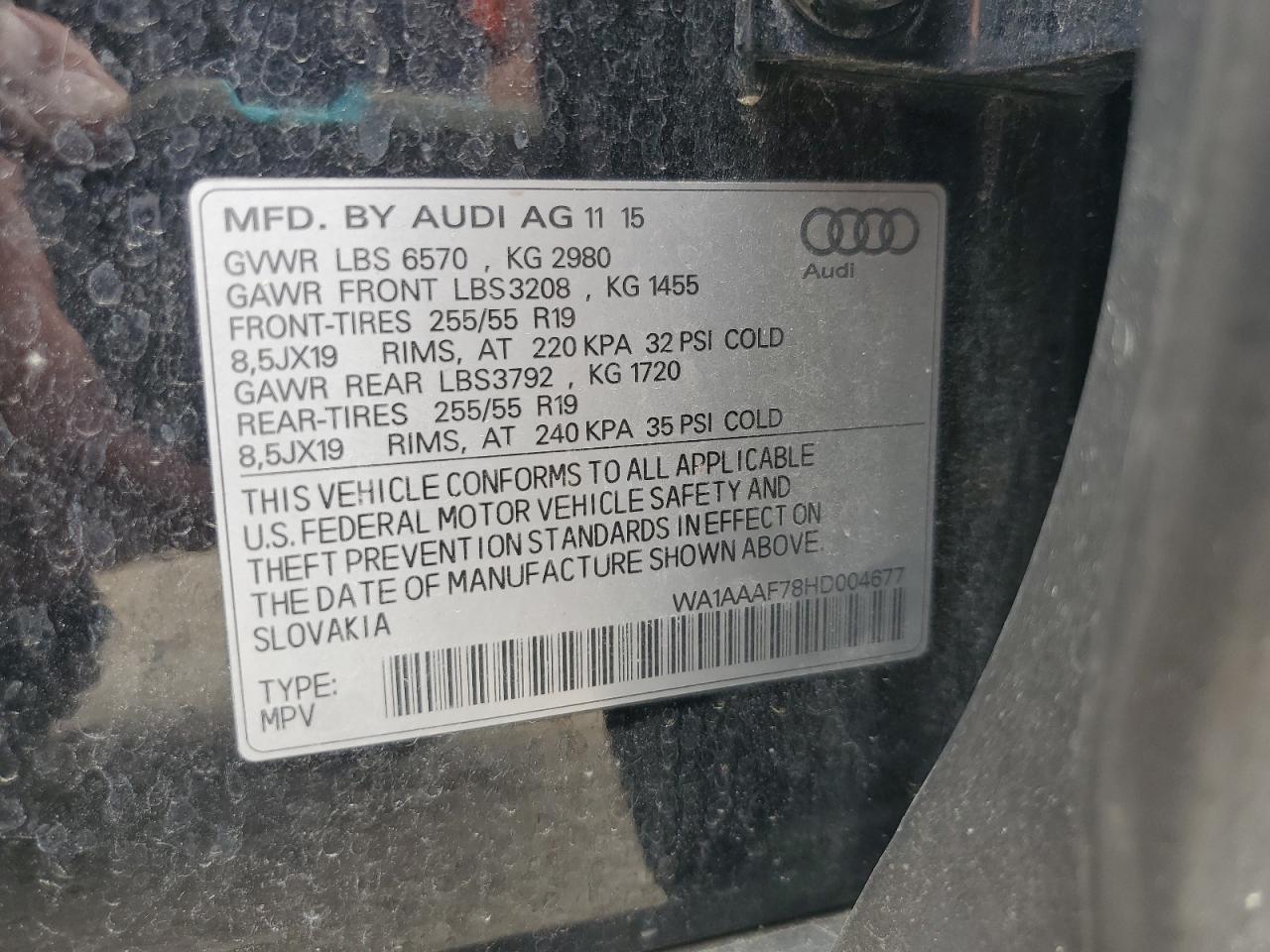 2017 Audi Q7 Premium VIN: WA1AAAF78HD004677 Lot: 61580855