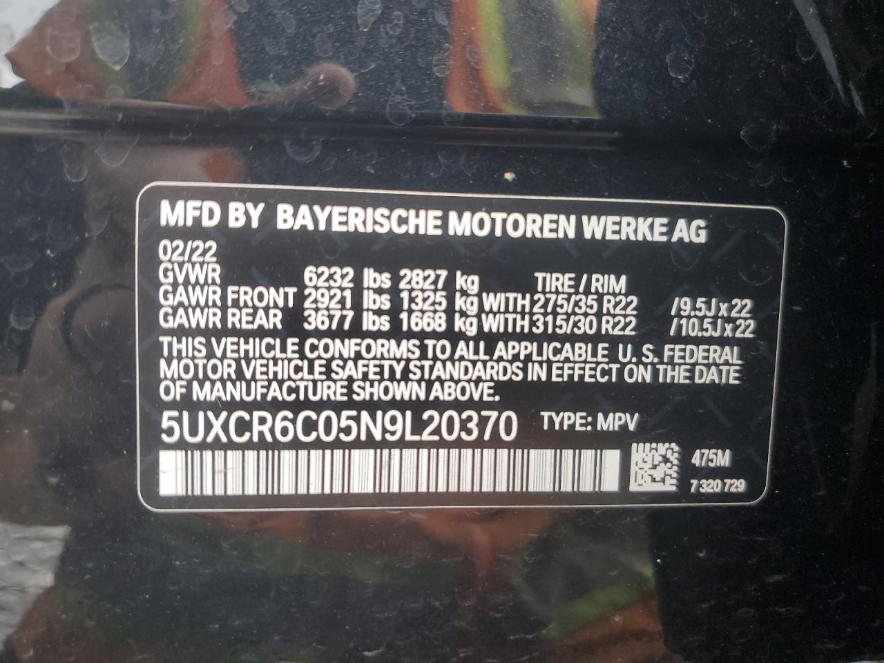 2022 BMW X5 xDrive40I VIN: 5UXCR6C05N9L20370 Lot: 63731105