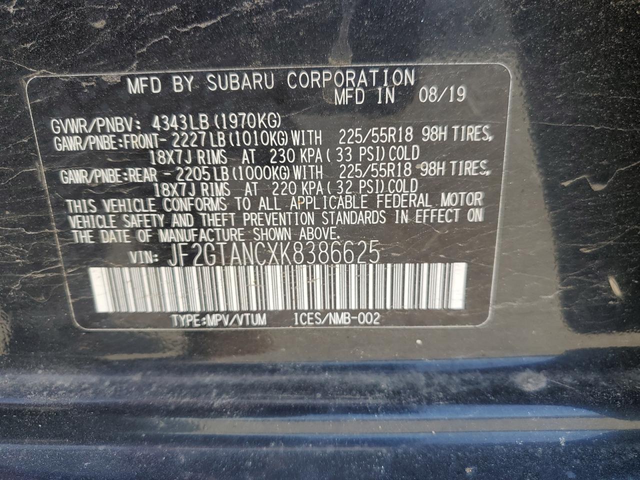 2019 Subaru Crosstrek Limited VIN: JF2GTANCXK8386625 Lot: 62878565