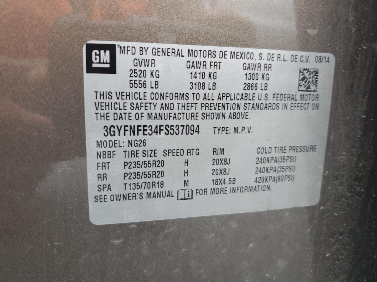 2015 Cadillac Srx Performance Collection VIN: 3GYFNFE34FS537094 Lot: 62434025