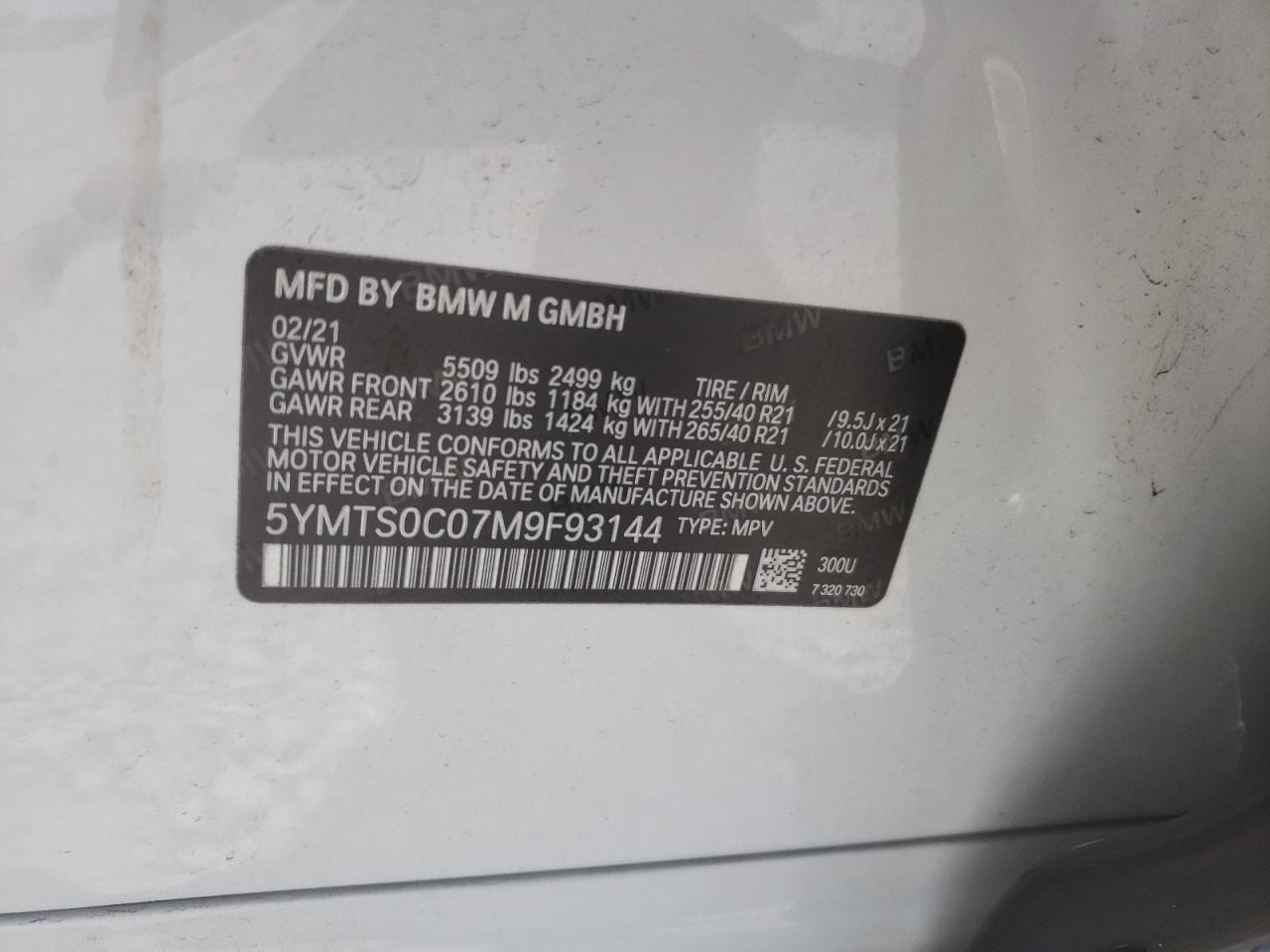 2021 BMW X3 M Competition VIN: 5YMTS0C07M9F93144 Lot: 62175715