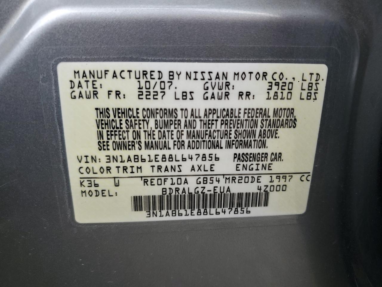 2008 Nissan Sentra 2.0 VIN: 3N1AB61E88L647856 Lot: 62572055