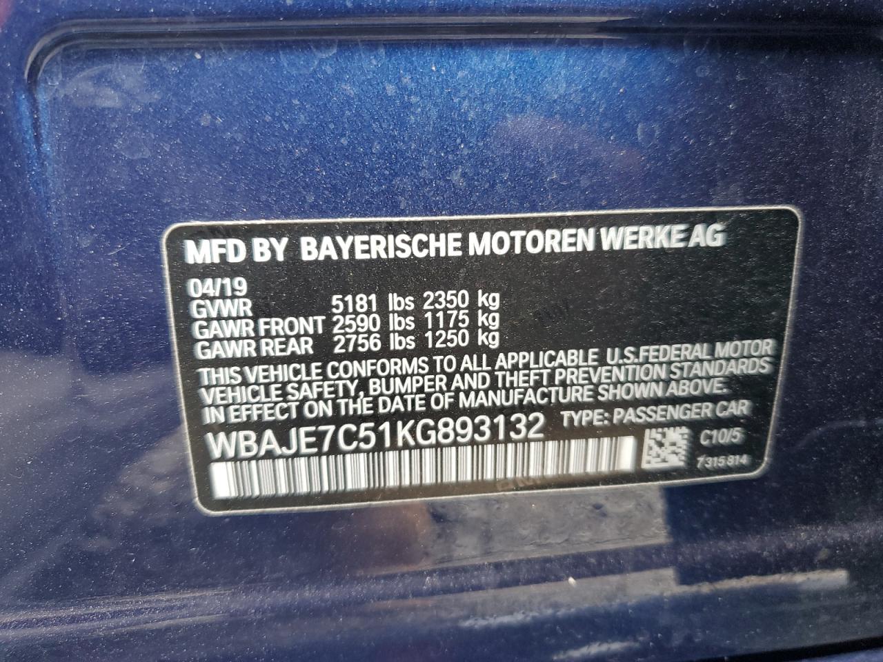 2019 BMW 540 Xi VIN: WBAJE7C51KG893132 Lot: 62859735