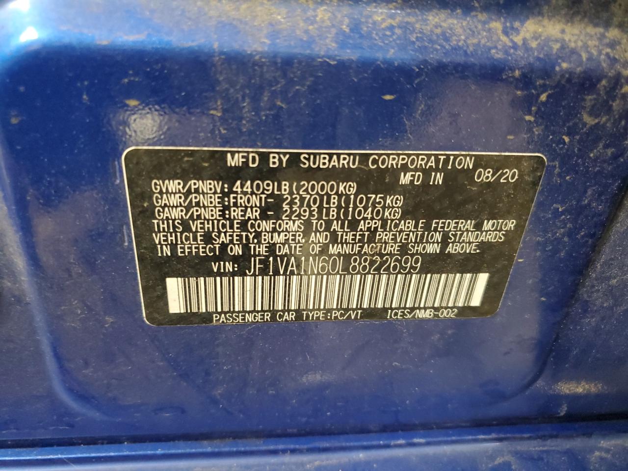 2020 Subaru Wrx Limited VIN: JF1VA1N60L8822699 Lot: 61814595