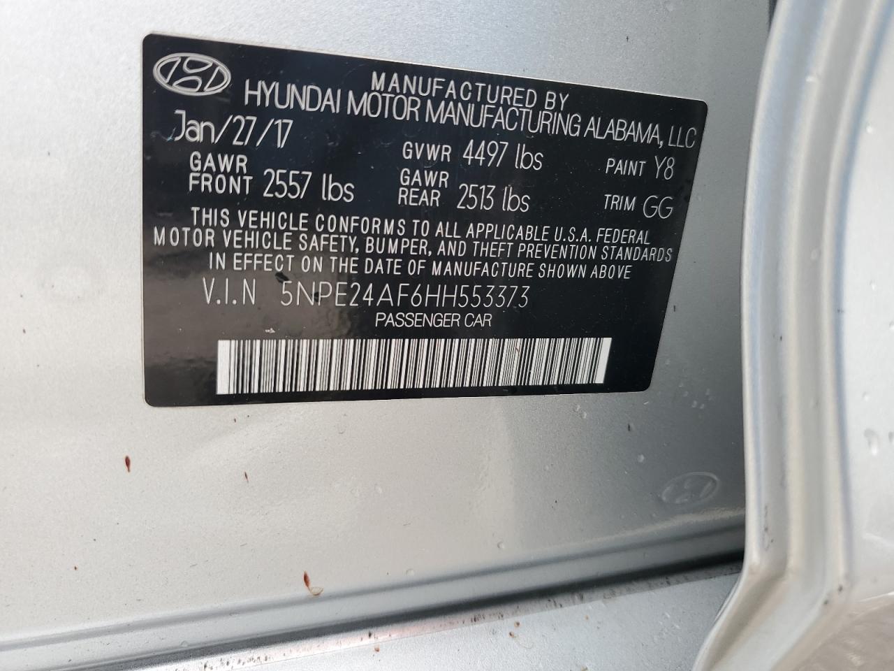 2017 Hyundai Sonata Se VIN: 5NPE24AF6HH553373 Lot: 62727825