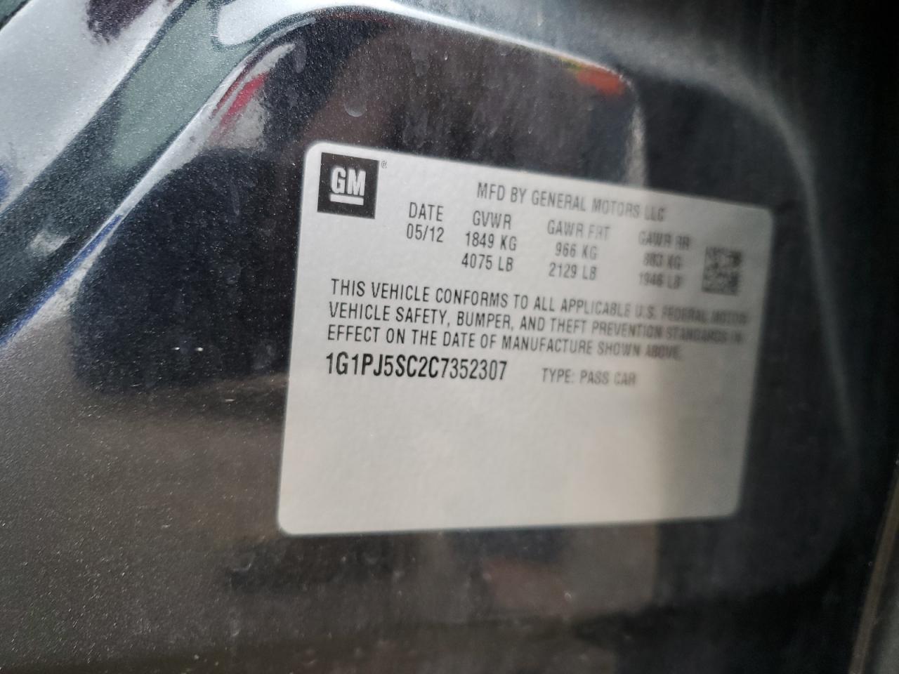 2012 Chevrolet Cruze Eco VIN: 1G1PJ5SC2C7352307 Lot: 63062555