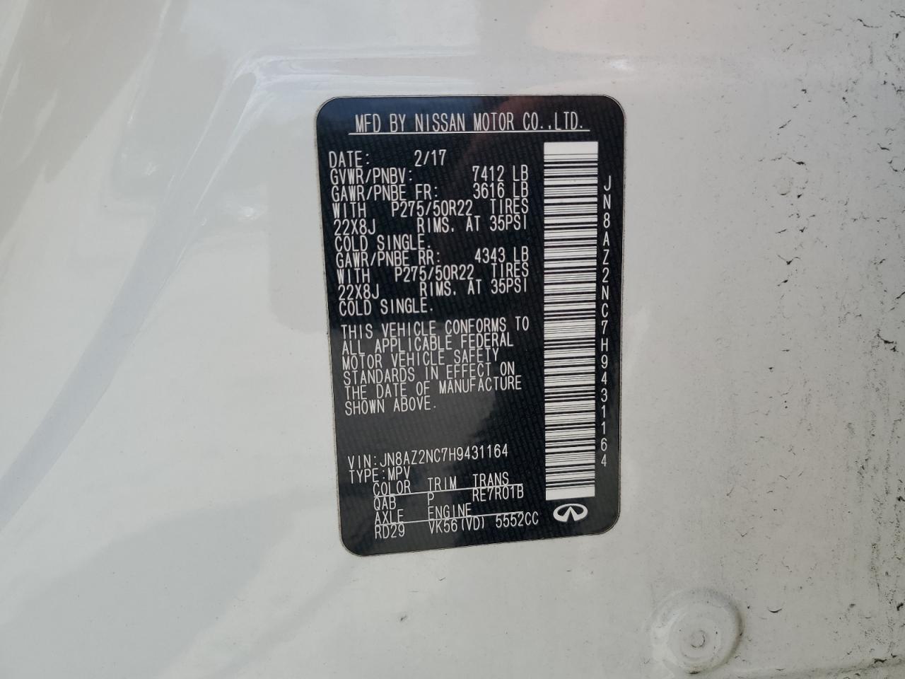 2017 Infiniti Qx80 Base VIN: JN8AZ2NC7H9431164 Lot: 62192585