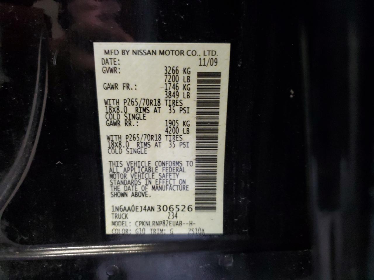 2010 Nissan Titan Xe VIN: 1N6AA0EJ4AN306526 Lot: 60869225