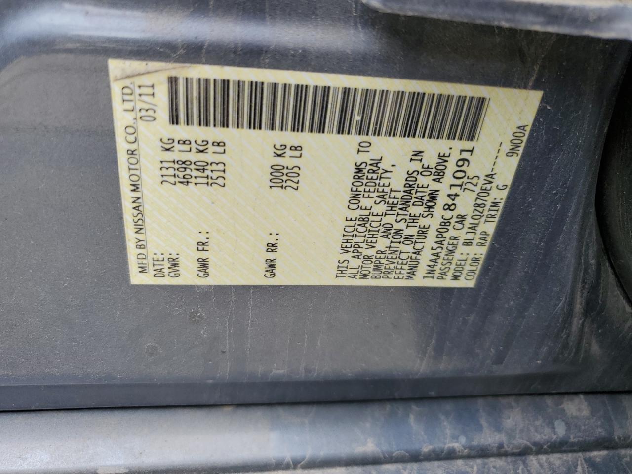 2011 Nissan Maxima S VIN: 1N4AA5AP0BC841091 Lot: 62954405