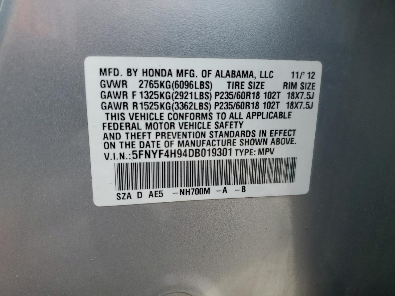 HONDA PILOT 2013 VIN 5FNYF4H94DB019301 фото 14