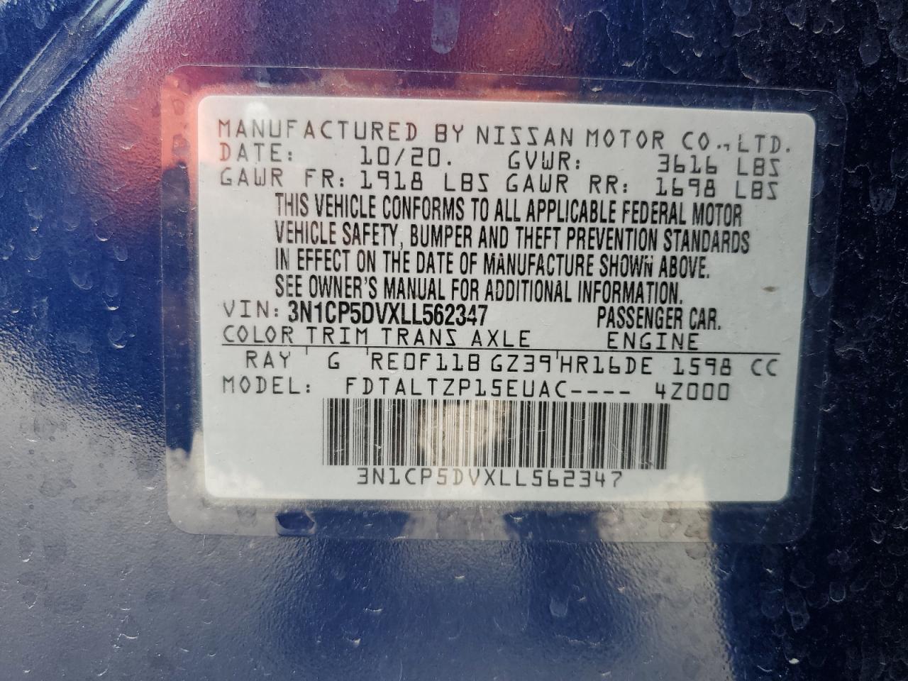 2020 Nissan Kicks Sr VIN: 3N1CP5DVXLL562347 Lot: 59264075