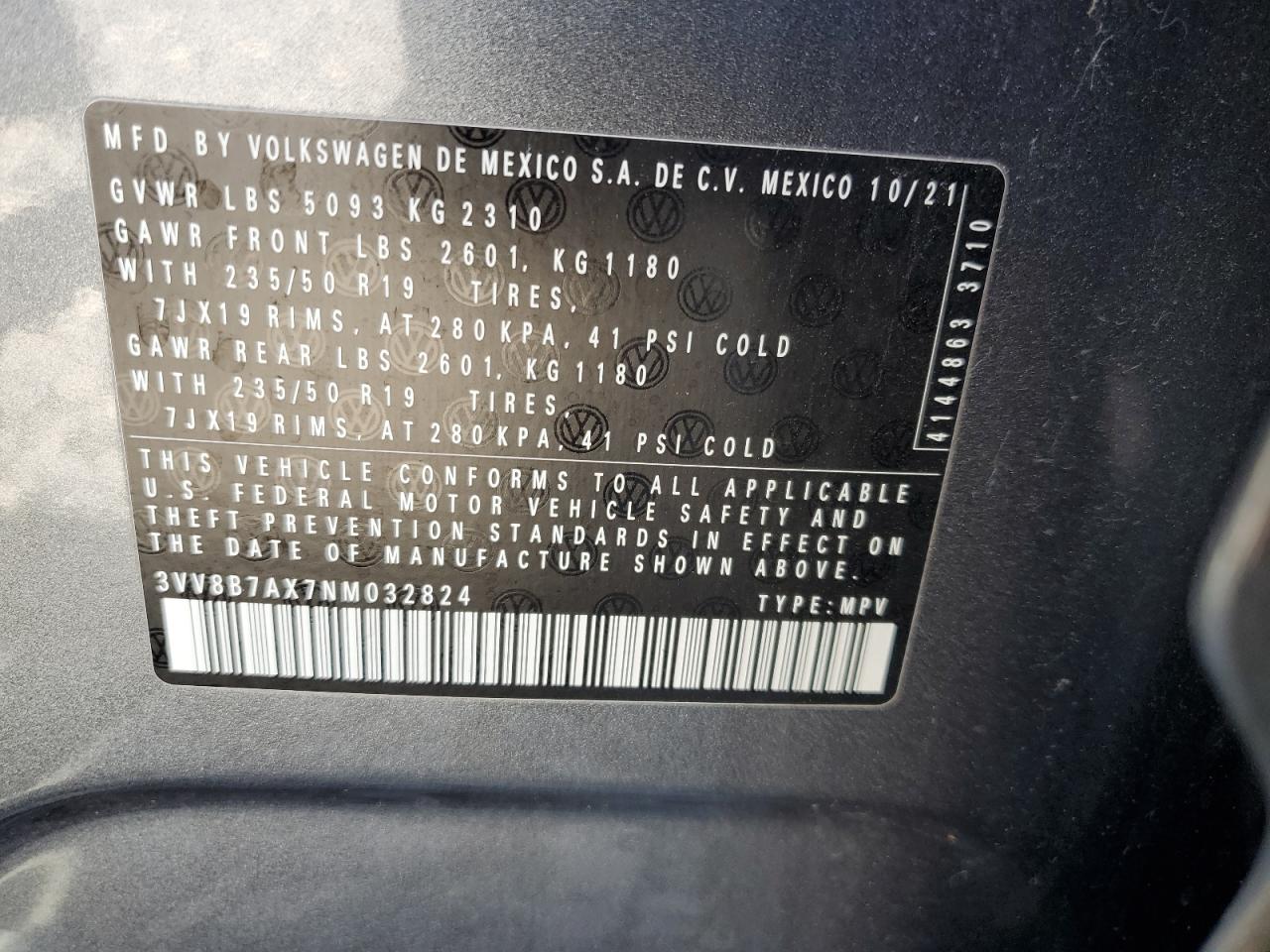 2022 Volkswagen Tiguan Se R-Line Black VIN: 3VV8B7AX7NM032824 Lot: 62884115