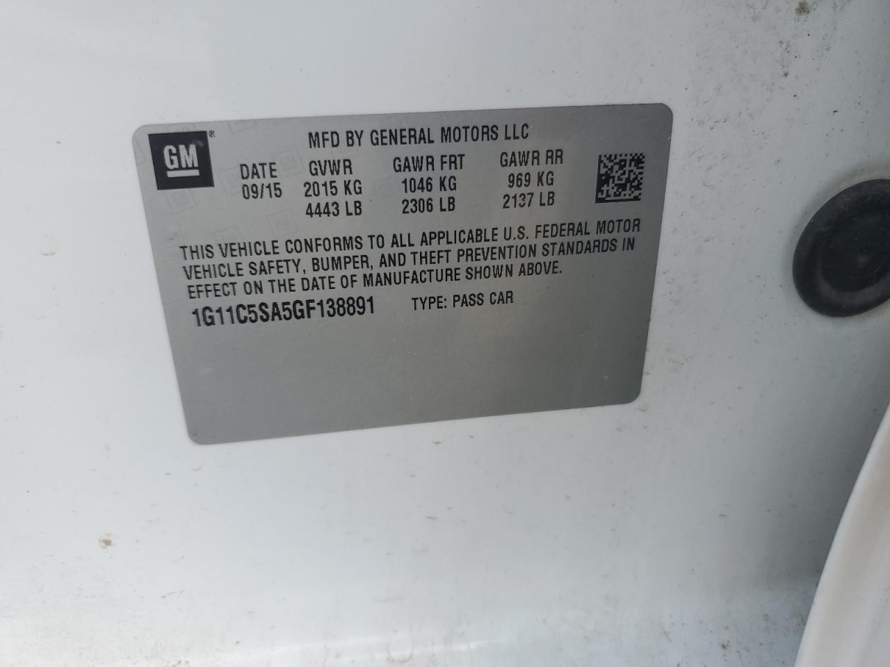 2016 Chevrolet Malibu Limited Lt VIN: 1G11C5SA5GF138891 Lot: 61444645