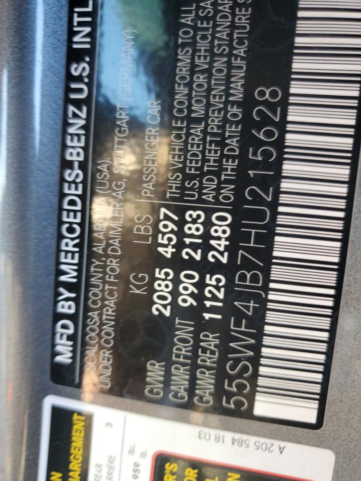 2017 Mercedes-Benz C 300 VIN: 55SWF4JB7HU215628 Lot: 63165295