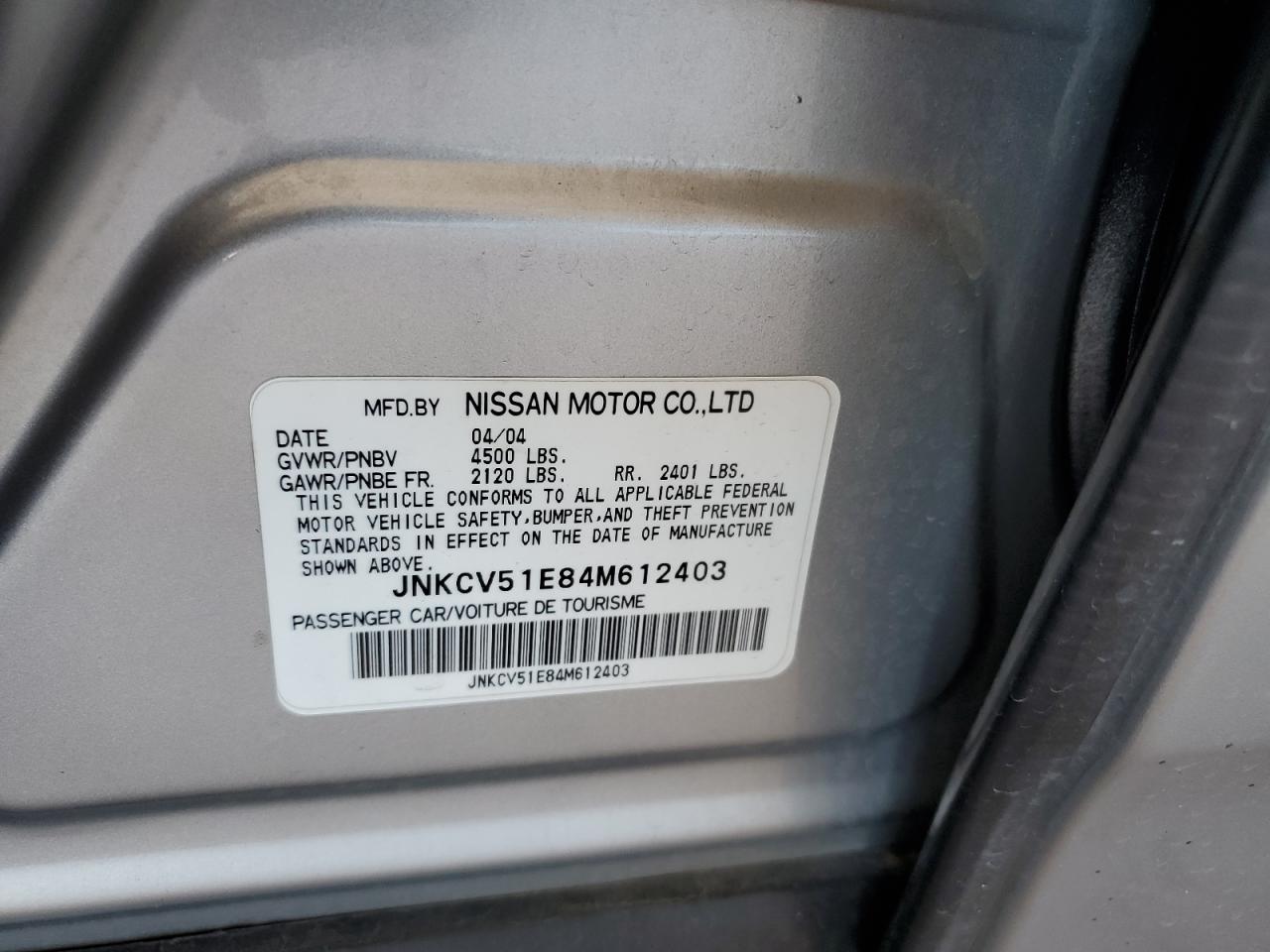 2004 Infiniti G35 VIN: JNKCV51E84M612403 Lot: 61950355