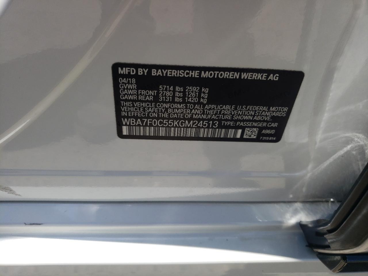 2019 BMW 750 I VIN: WBA7F0C55KGM24513 Lot: 61728595