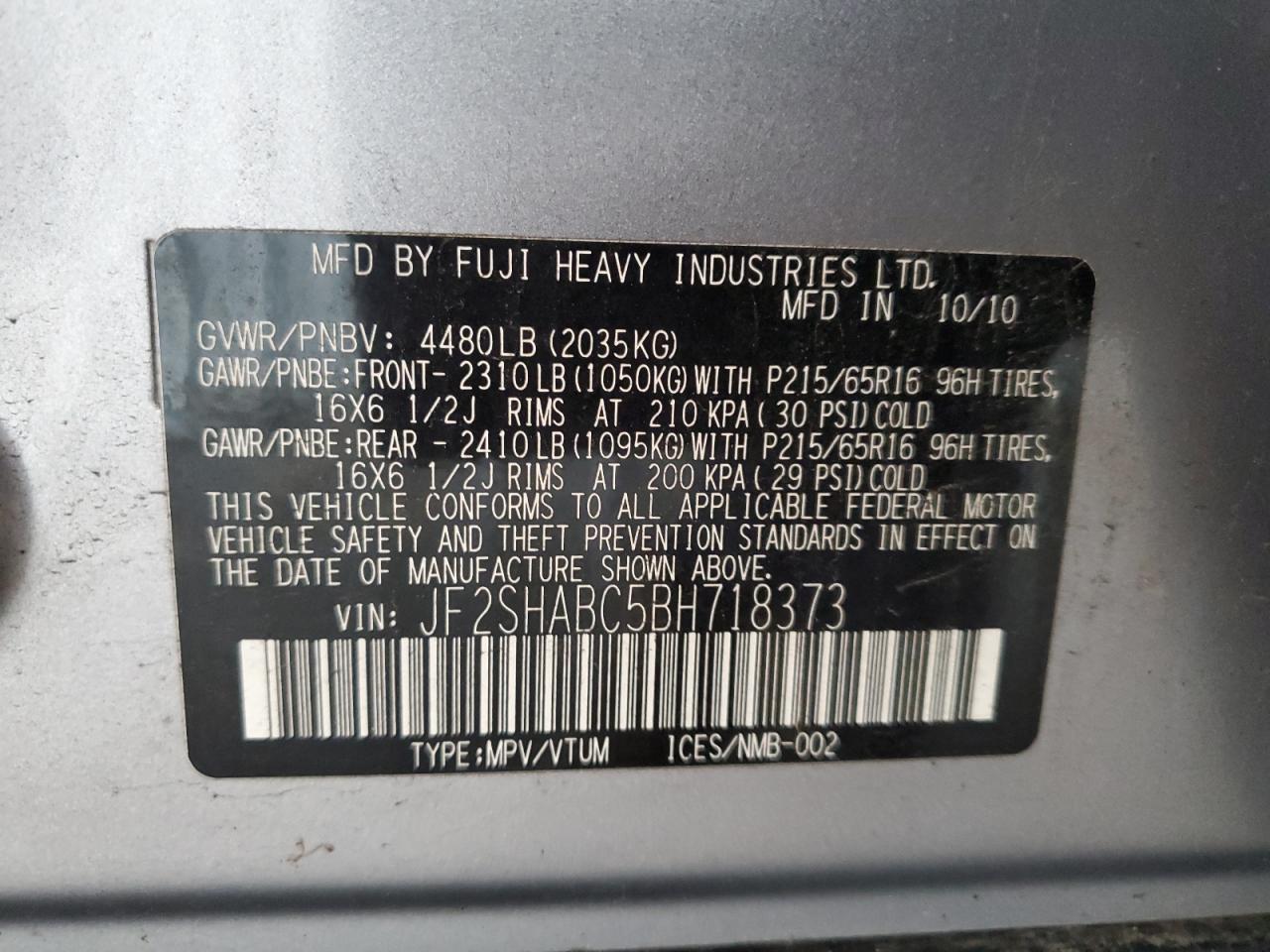 2011 Subaru Forester 2.5X VIN: JF2SHABC5BH718373 Lot: 62694835