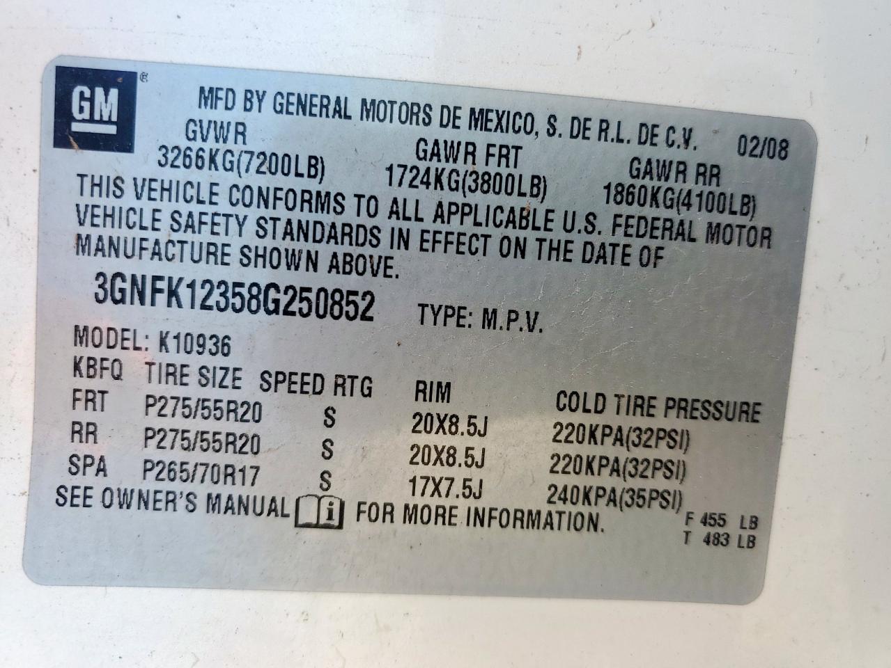 2008 Chevrolet Avalanche K1500 VIN: 3GNFK12358G250852 Lot: 61107685
