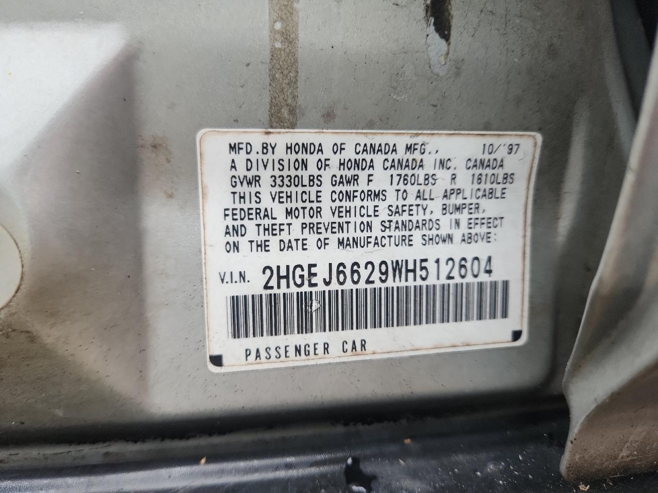 1998 Honda Civic Dx VIN: 2HGEJ6629WH512604 Lot: 61225445