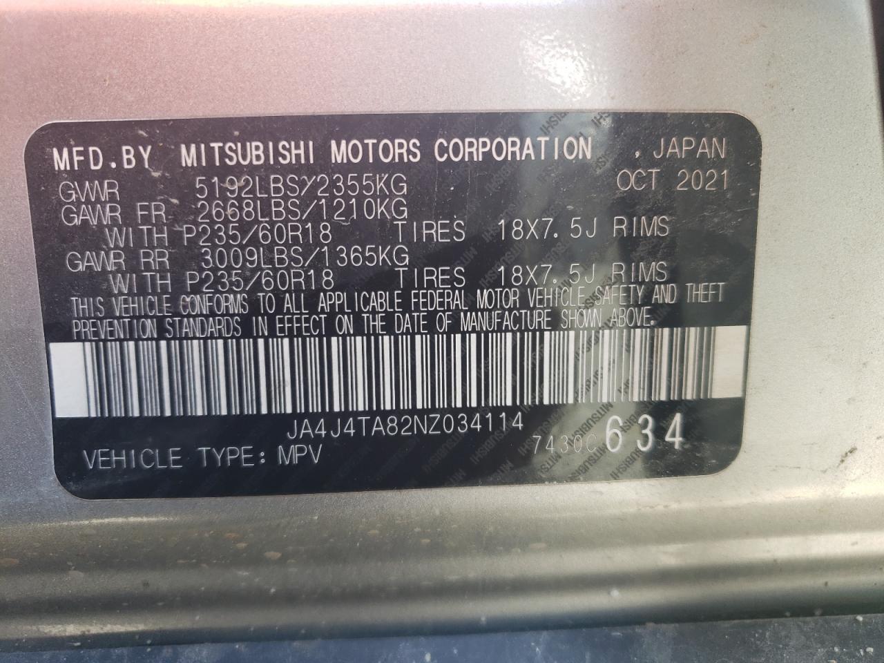 2022 Mitsubishi Outlander Es VIN: JA4J4TA82NZ034114 Lot: 62032055