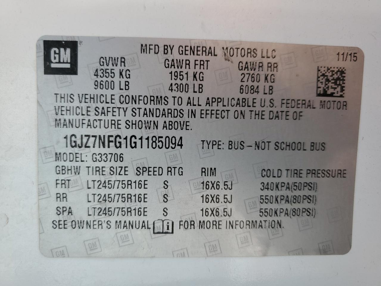 2016 GMC Savana G3500 Ls VIN: 1GJZ7NFG1G1185094 Lot: 60055875