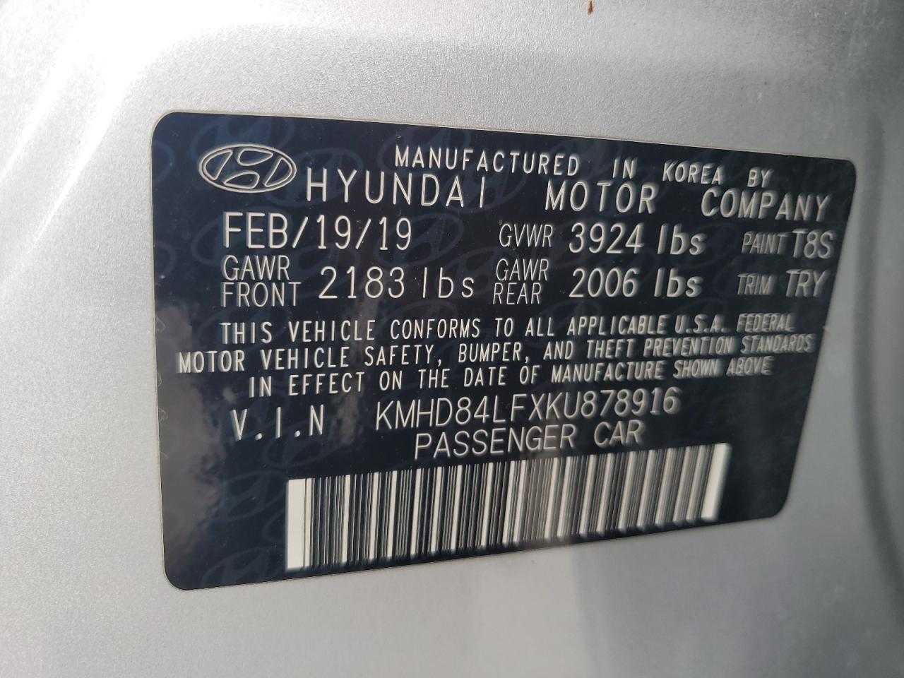 2019 Hyundai Elantra Sel VIN: KMHD84LFXKU878916 Lot: 59850885