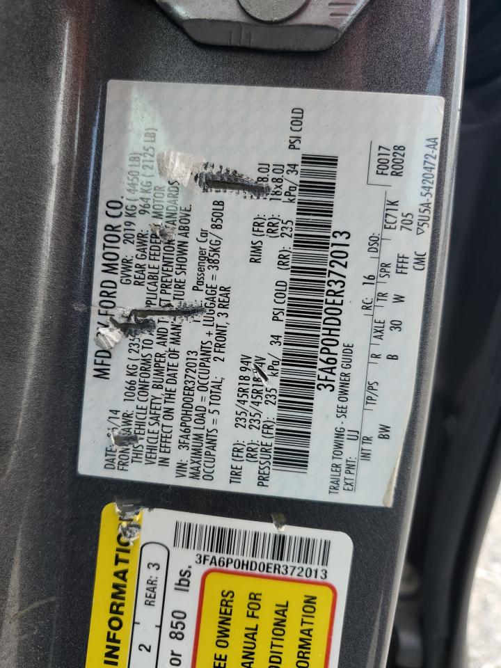2014 Ford Fusion Se VIN: 3FA6P0HD0ER372013 Lot: 63228905